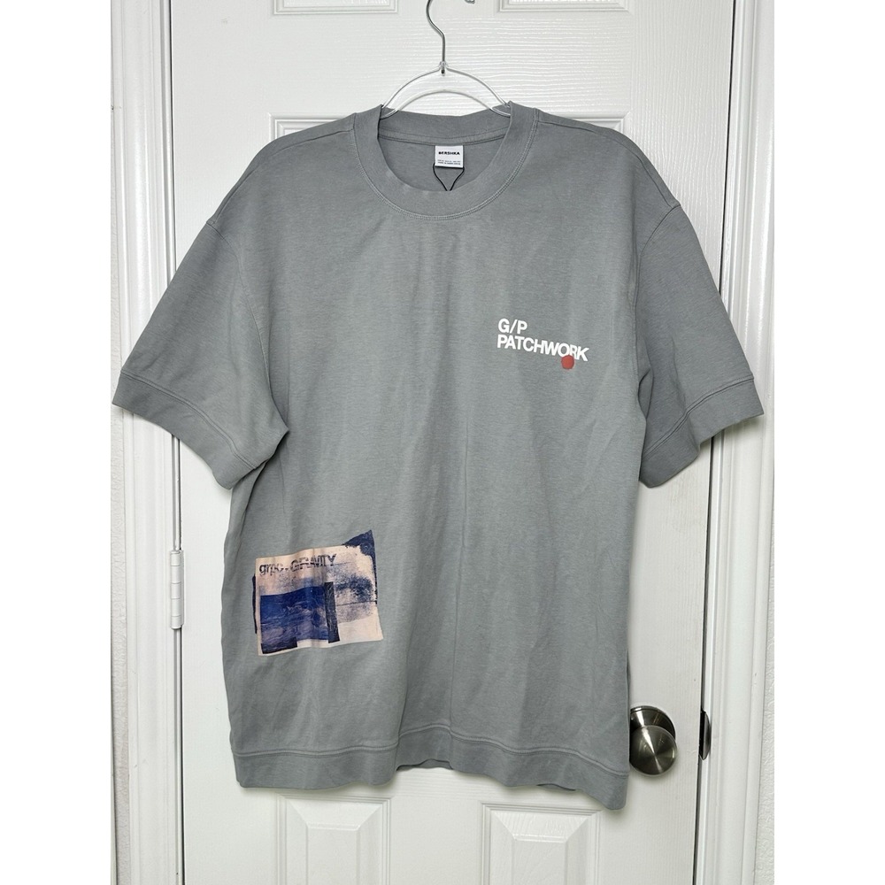 Bershka Patchwork Heavyweight Tshirt Light Blue Men's Size XL‎ Casual Streetwear